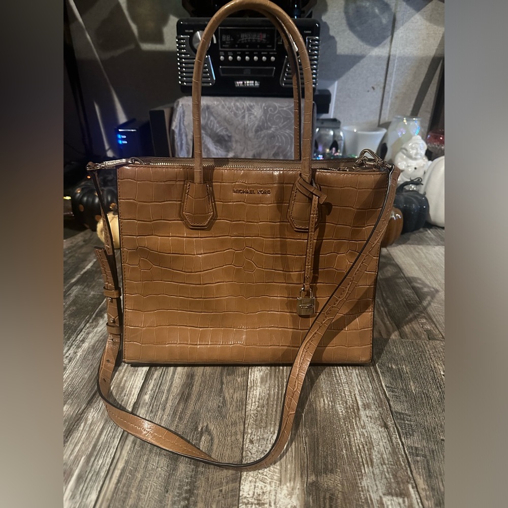 Michael Kors Cognac Croc Embossed Crossbody Tote